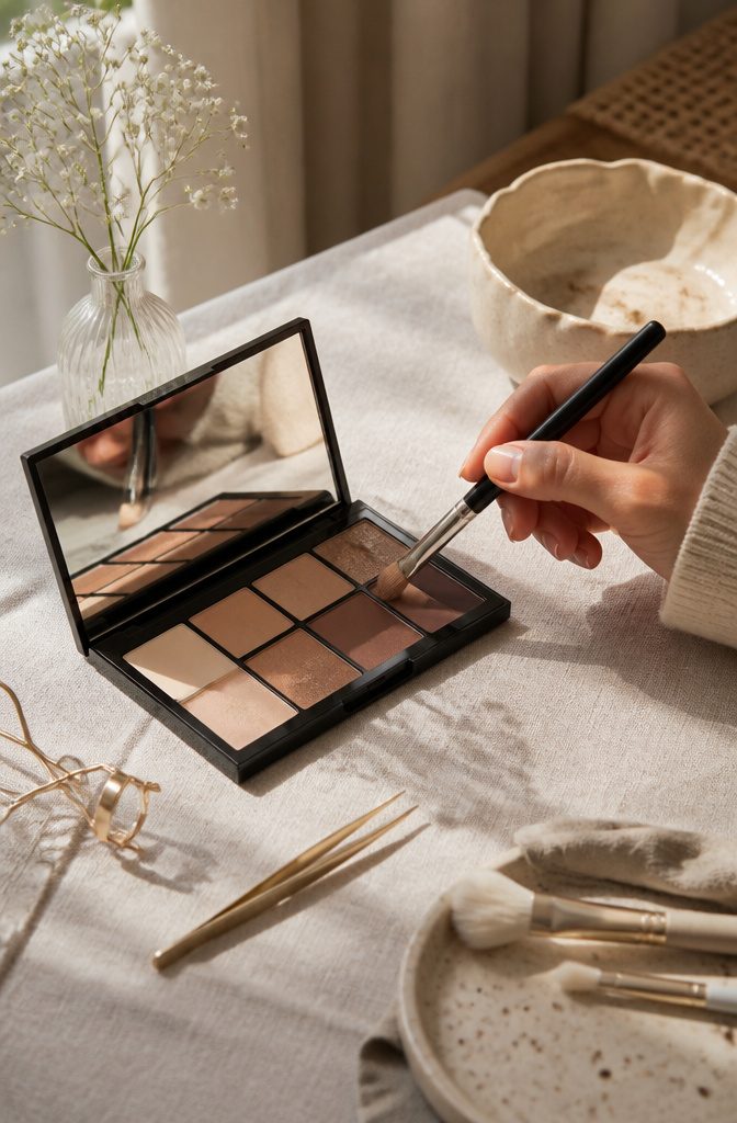 Natural Basic Makeup: A 10-Step Guide for 2026 8 Neutral eyeshadow palette displayed on a linen cloth.