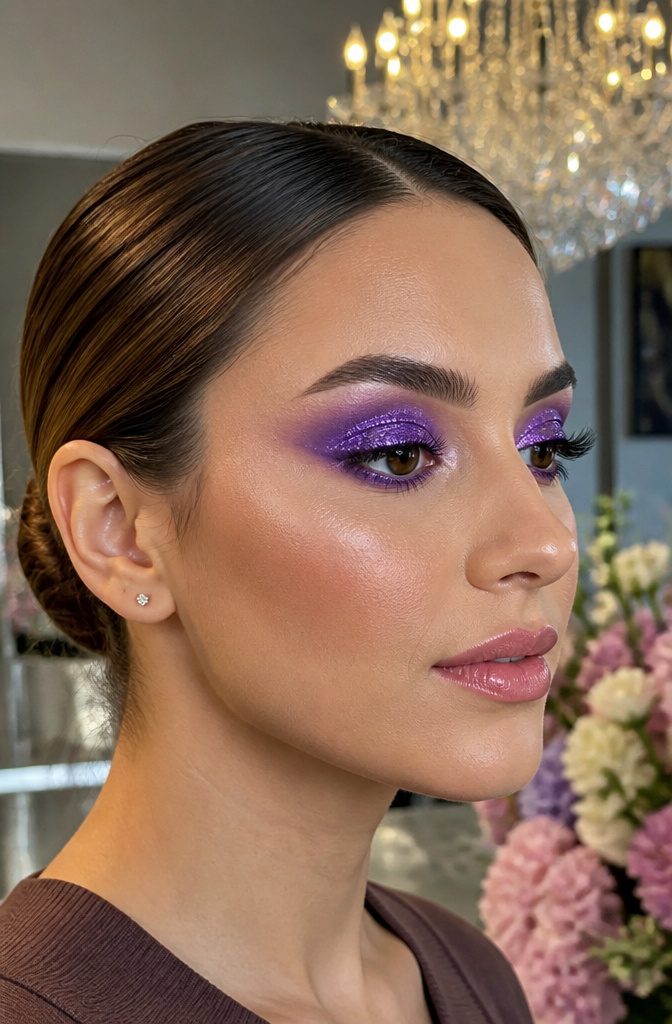 Purple Makeup for Hooded Eyes: Looks, Techniques & Color Pairings 3 Model with purple glitter makeup applied above the crease.
