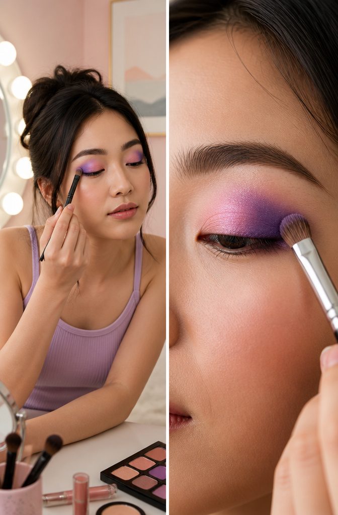 Purple Makeup for Hooded Eyes: Looks, Techniques & Color Pairings 5 Model with pink and purple eyeshadow demonstrating color placement.