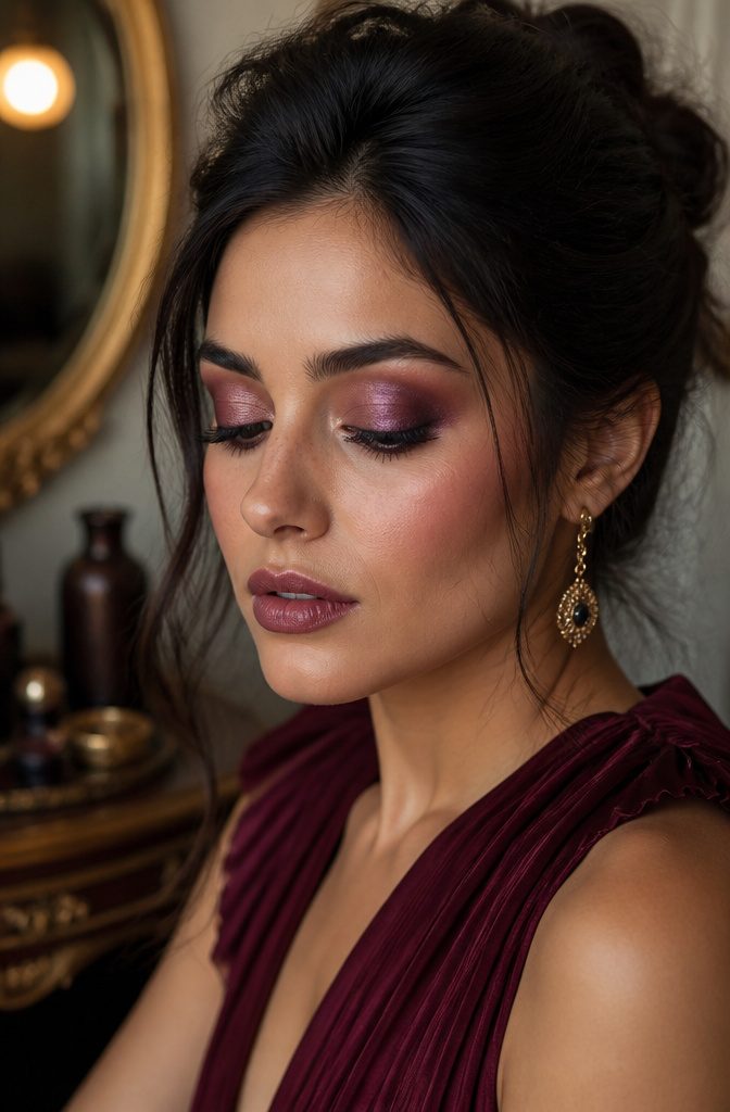 Purple Makeup for Hooded Eyes: Looks, Techniques & Color Pairings 6 Model showcasing deep plum eyeshadow on hooded eyes.