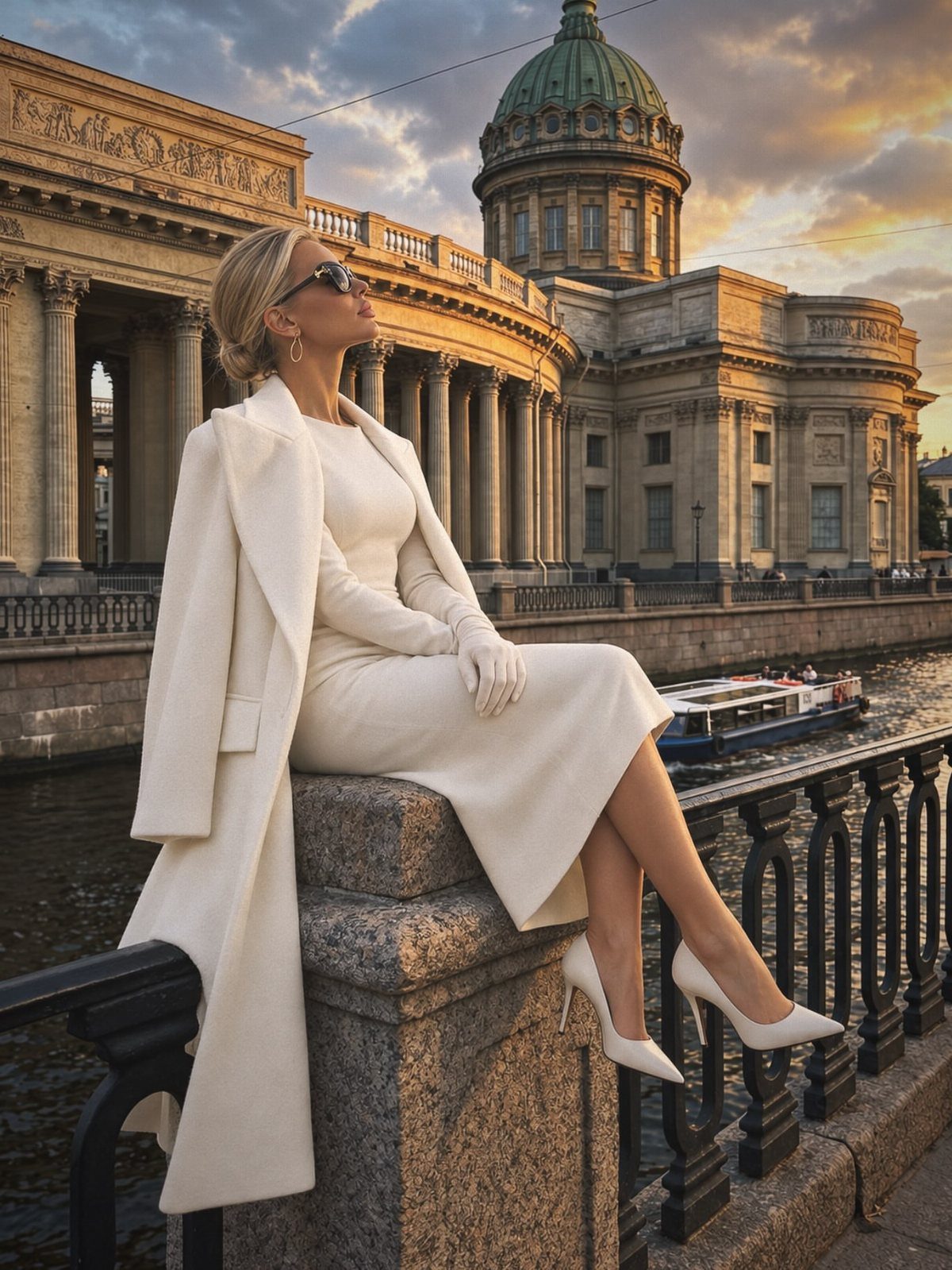 Woman in a white A-line dress and coat sitting by a river in Saint Petersburg.