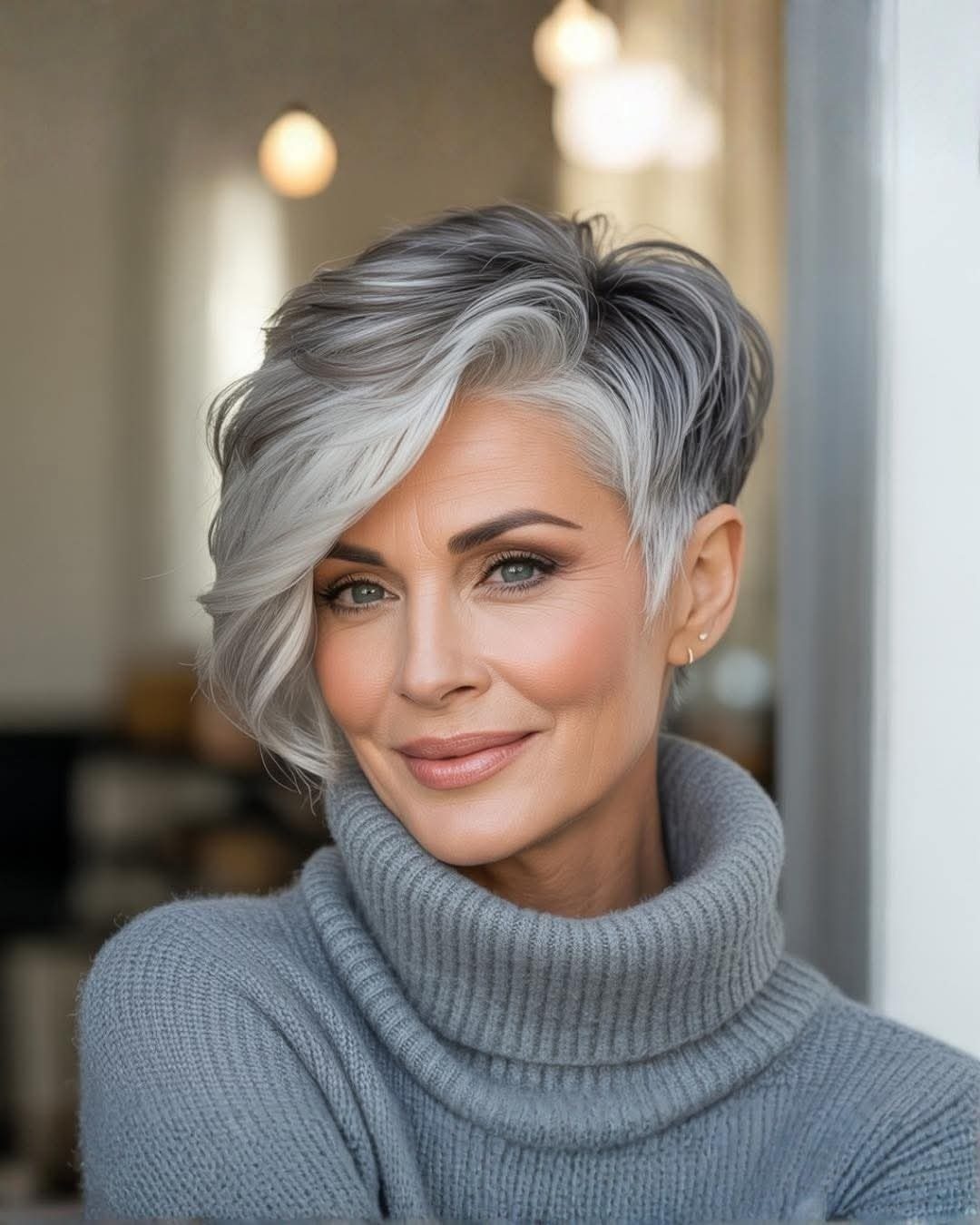 19 Short Pixie Cuts Over 40 With Styling and Color Tips 10 Woman with a grey asymmetric pixie cut wearing a grey turtleneck sweater.