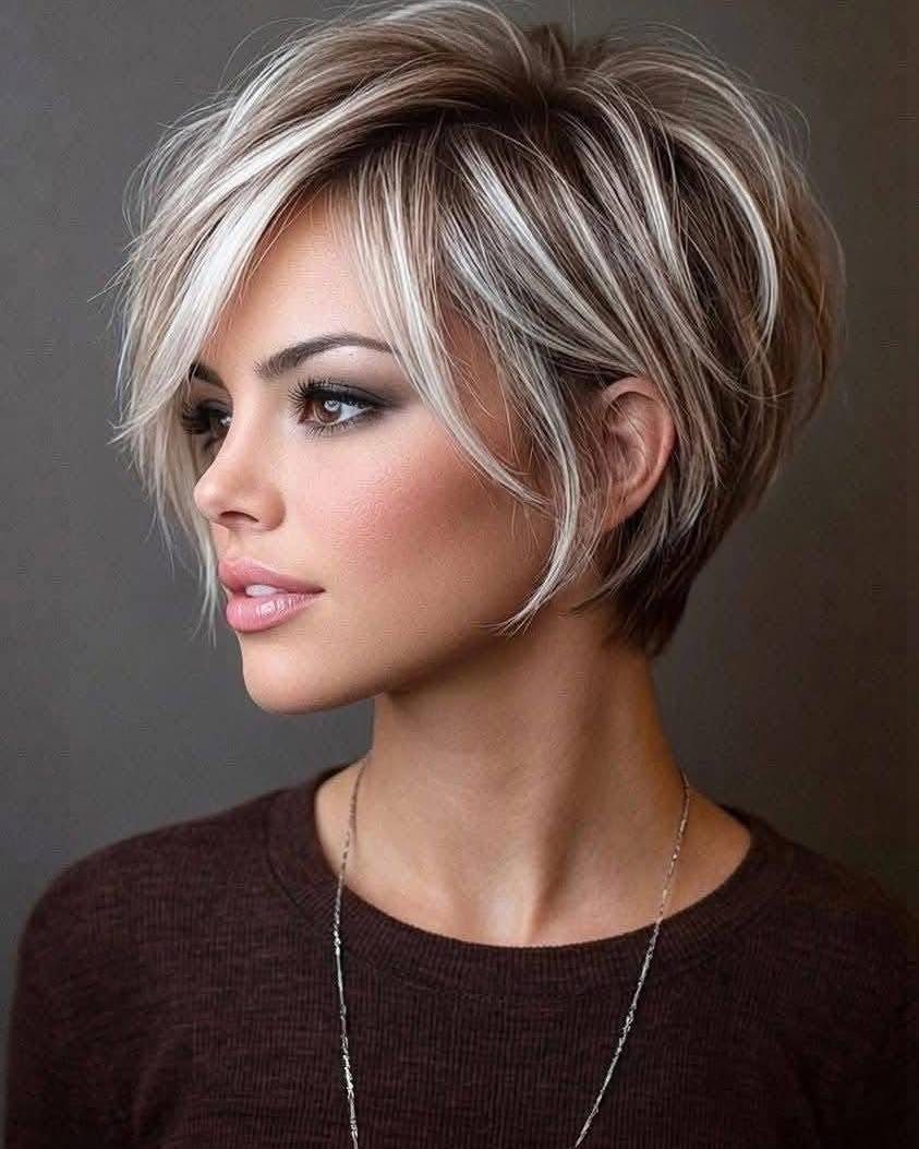 19 Short Pixie Cuts Over 40 With Styling and Color Tips 17 Woman with a beige blonde layered pixie cut and dimensional highlights.