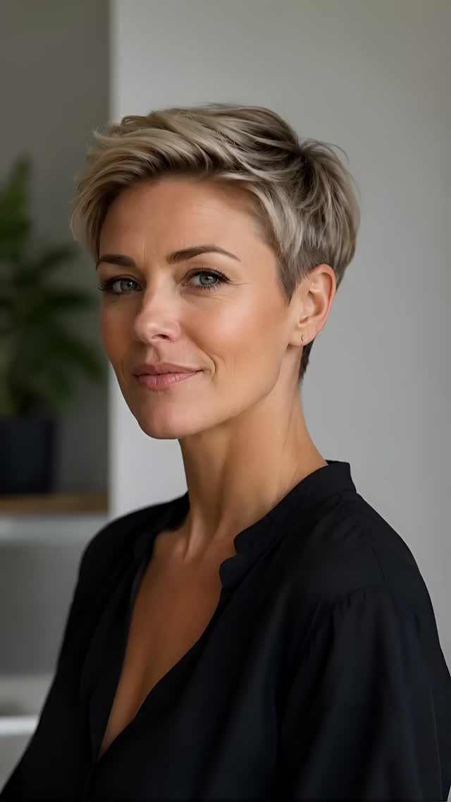 19 Short Pixie Cuts Over 40 With Styling and Color Tips 3 Woman with a blonde tapered pixie cut and textured top wearing a black blouse.