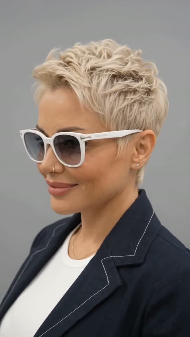 19 Short Pixie Cuts Over 40 With Styling and Color Tips 15 Woman with a short blonde pixie cut featuring dimensional highlights and white sunglasses.