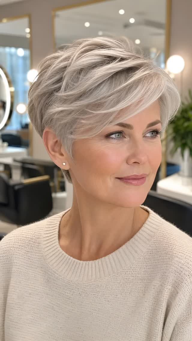 19 Short Pixie Cuts Over 40 With Styling and Color Tips 19 Woman with a layered ash blonde pixie cut and short sides in a salon.