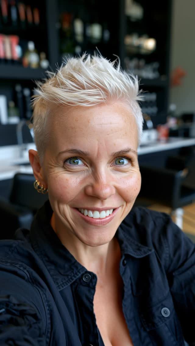 19 Short Pixie Cuts Over 40 With Styling and Color Tips 18 Woman with short spiky platinum blonde pixie cut smiling in a hair salon.