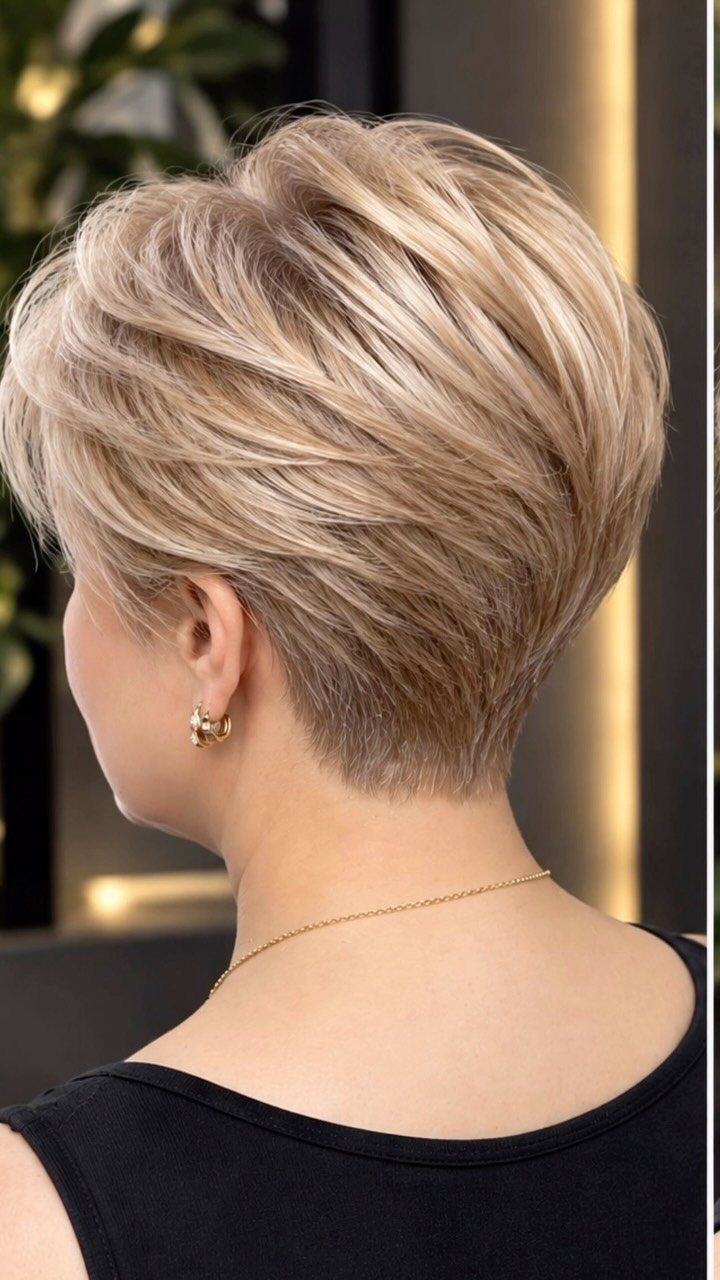 19 Short Pixie Cuts Over 40 With Styling and Color Tips 20 Woman with a soft, layered blonde pixie haircut viewed from the side and back.