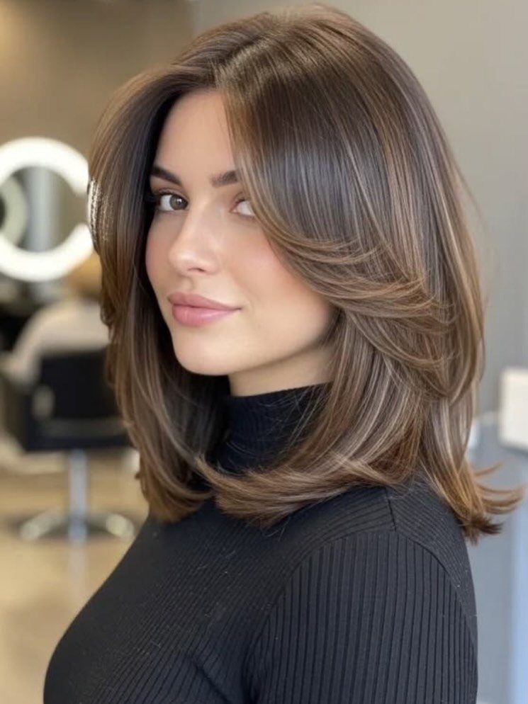 16 Shoulder Length Layered Hair Ideas for Every Texture 15 Woman with brown shoulder length layered hair and a voluminous blowout hairstyle.