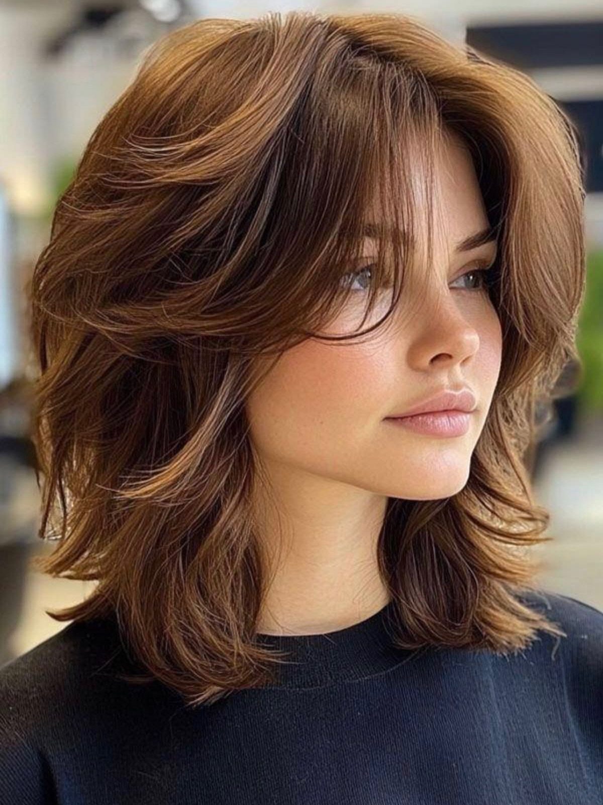 16 Shoulder Length Layered Hair Ideas for Every Texture 10 Woman with voluminous brown medium-length hair and a side-swept fringe.