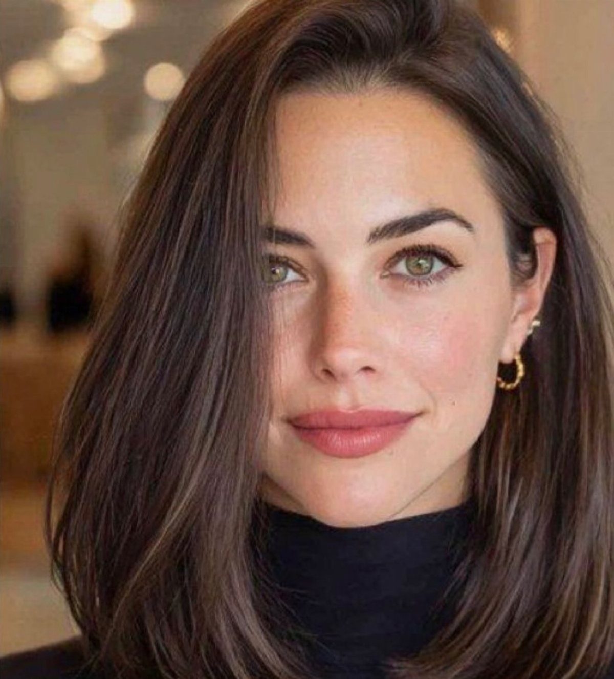 16 Shoulder Length Layered Hair Ideas for Every Texture 13 Woman with straight brown shoulder-length hair featuring soft layers and a center part.