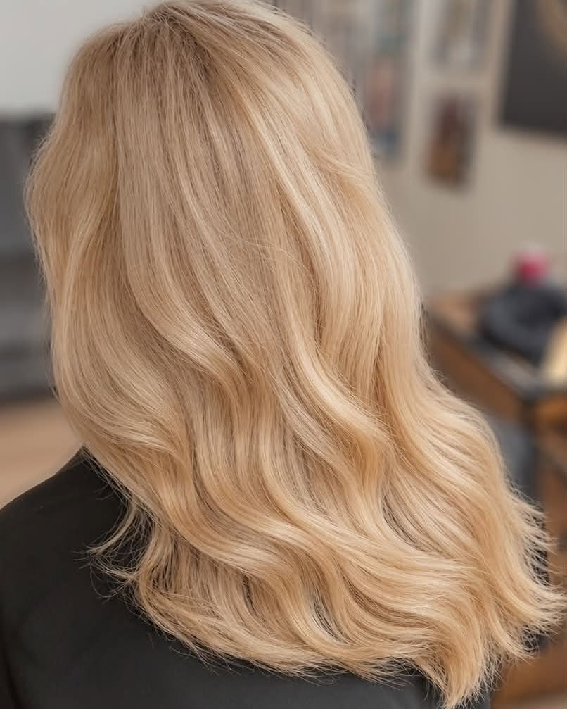 16 Shoulder Length Layered Hair Ideas for Every Texture 5 Blonde shoulder-length hair with wavy textured layers viewed from the back.