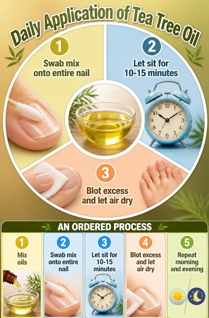Tea Tree Oil for Nail Fungus: Application, Safety, and Results 3 An information image titled 'Daily Application of Tea Tree Oil'.