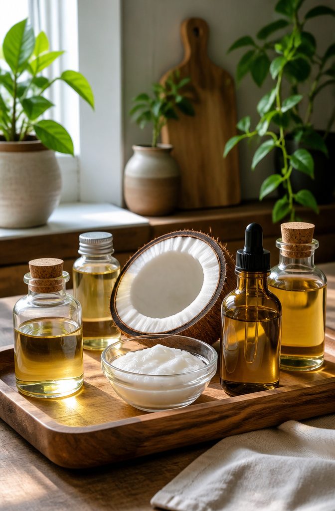 Tea Tree Oil for Nail Fungus: Application, Safety, and Results 7 A wooden tray with small bottles of coconut and jojoba oils.