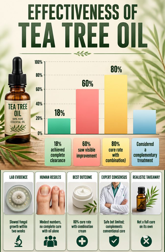 Tea Tree Oil for Nail Fungus: Application, Safety, and Results 10 An information image titled 'Effectiveness of Tea Tree Oil'.