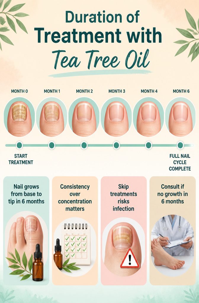 Tea Tree Oil for Nail Fungus: Application, Safety, and Results 12 An information image titled 'Duration of Treatment with Tea Tree Oil'.