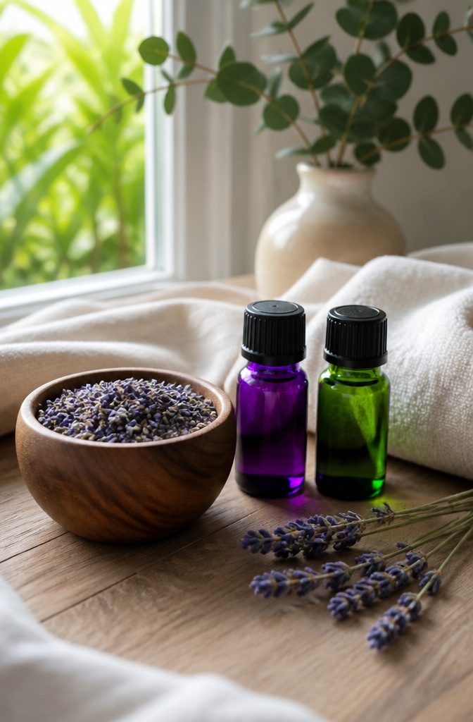 Tea Tree Oil for Nail Fungus: Application, Safety, and Results 8 A small wooden bowl filled with dried lavender flowers and essential oils.