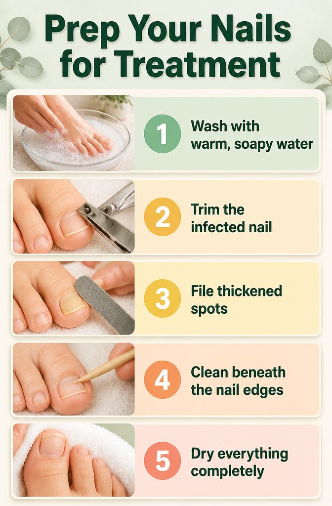 Tea Tree Oil for Nail Fungus: Application, Safety, and Results 2 An information image titled 'Prep Your Nails for Treatment'.