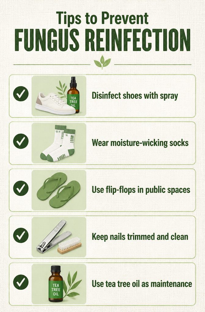 Tea Tree Oil for Nail Fungus: Application, Safety, and Results 5 An information image titled 'Tips to Prevent Fungus Reinfection'.