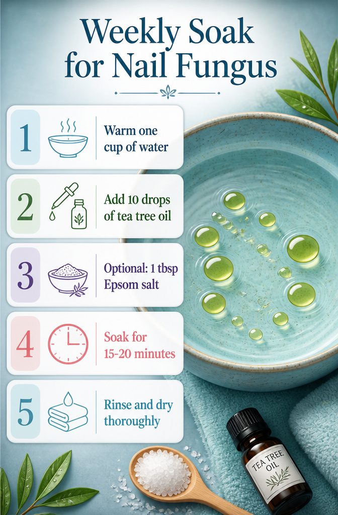 Tea Tree Oil for Nail Fungus: Application, Safety, and Results 4 An information image titled 'Weekly Soak for Nail Fungus'.