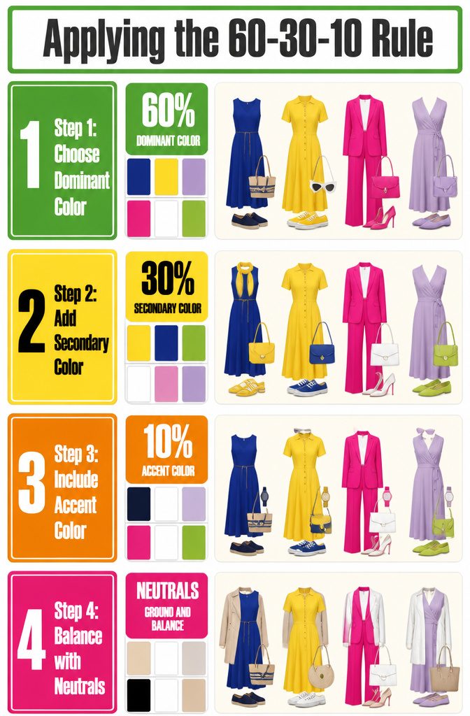 The Best Bright Color Combinations for Bold Outfits 19 A visual representation of the 60-30-10 color rule.