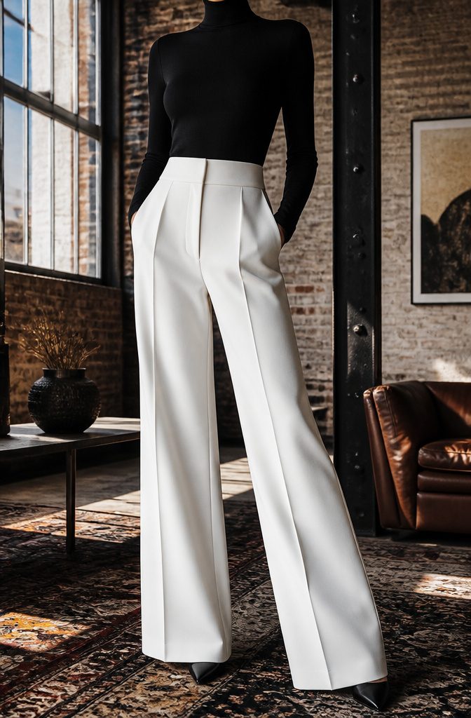 The Best Bright Color Combinations for Bold Outfits 11 Wide-leg white trousers with a fitted black turtleneck.