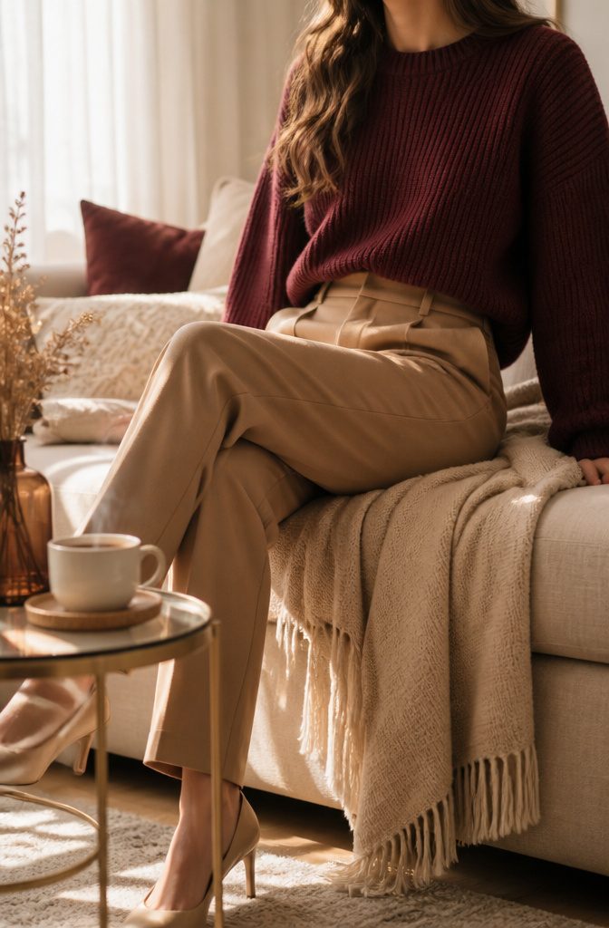 The Best Bright Color Combinations for Bold Outfits 12 A burgundy knit sweater with warm beige pants.