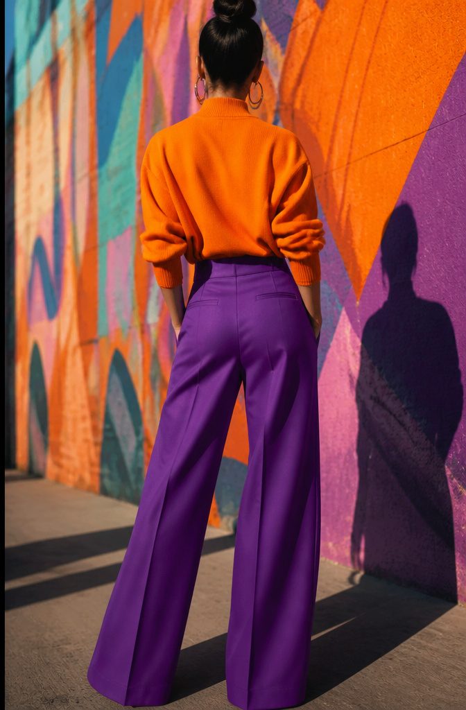 The Best Bright Color Combinations for Bold Outfits 8 A purple blouse paired with orange trousers.