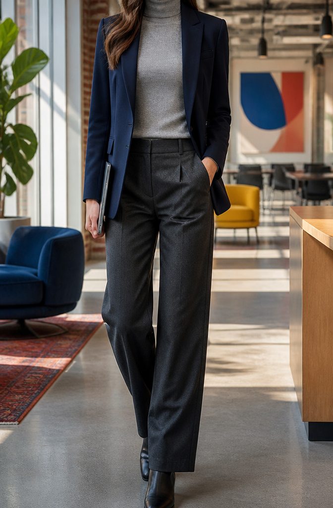 The Best Bright Color Combinations for Bold Outfits 14 A light-blue button-down shirt with charcoal trousers.