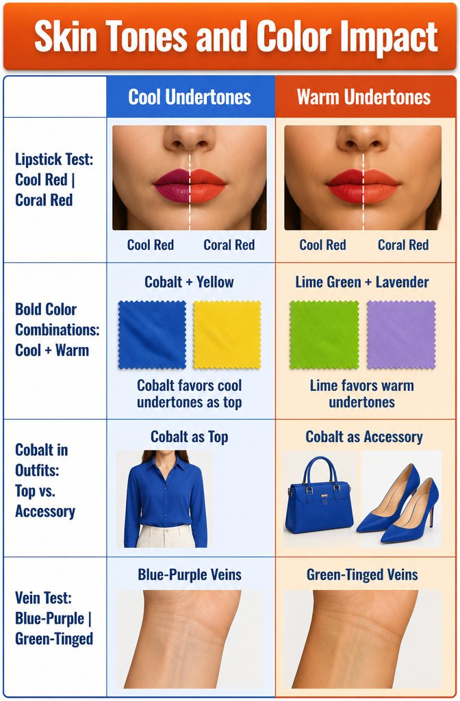 The Best Bright Color Combinations for Bold Outfits 18 A visual guide for testing skin tones with lipstick.