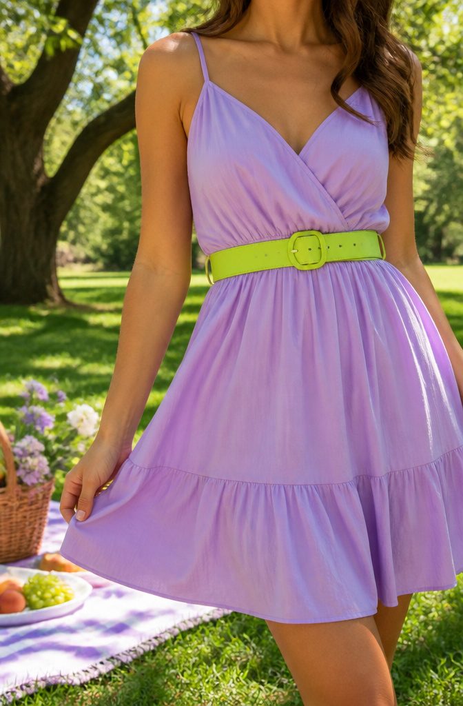 The Best Bright Color Combinations for Bold Outfits 4 A model wearing lime green and lavender clothing.