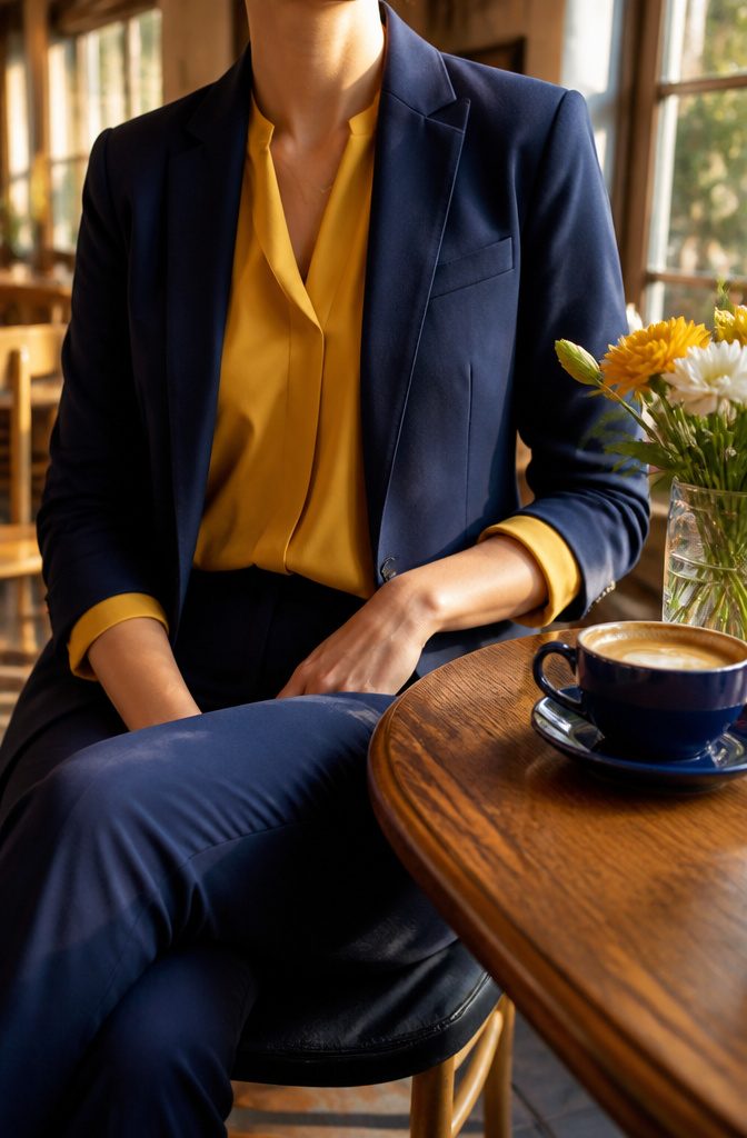 The Best Bright Color Combinations for Bold Outfits 6 A mustard blouse under a navy blazer.