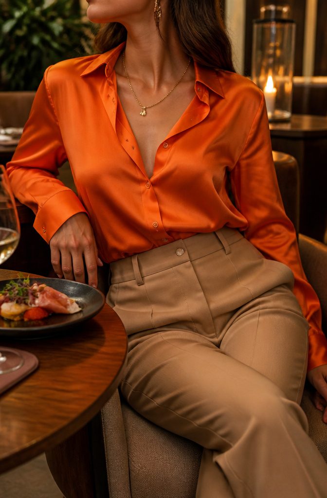 The Best Bright Color Combinations for Bold Outfits 9 A tangerine silk shirt with camel-colored trousers.