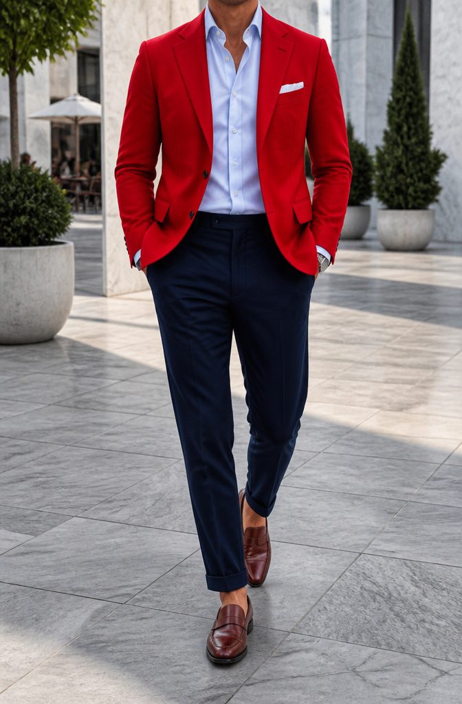 The Best Bright Color Combinations for Bold Outfits 16 A red blazer over navy chinos.