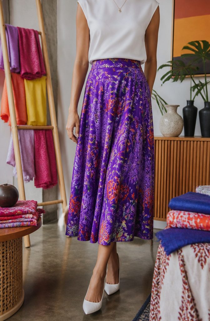 The Best Bright Color Combinations for Bold Outfits 20 A model wearing a patterned purple skirt with a white top.
