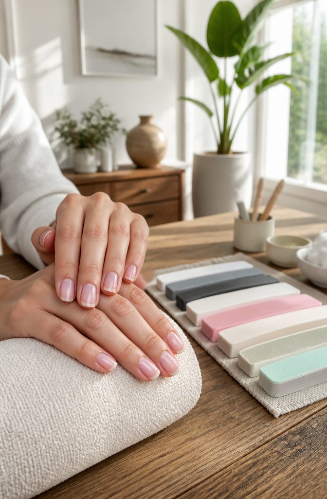 Short, glossy natural nails in a bright salon setting.