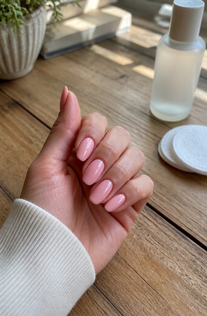 Close-up of long, pink nails on a textured wooden table.