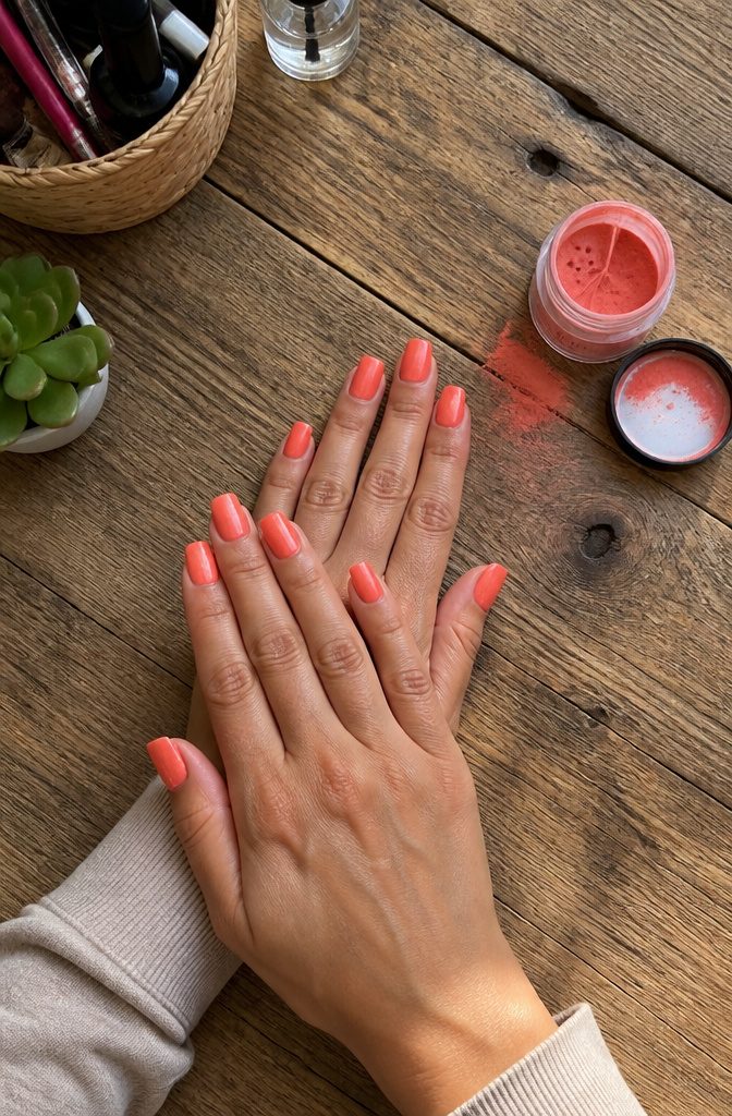 Close-up of nails with colorful dip powder application.