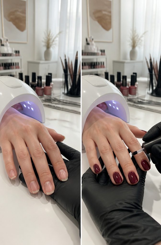 Close-up of hands with gel nails under a UV lamp.