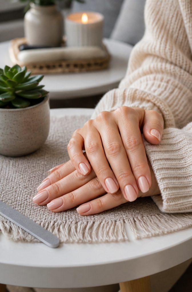 Close-up of nails with a glossy nude soft gel finish.