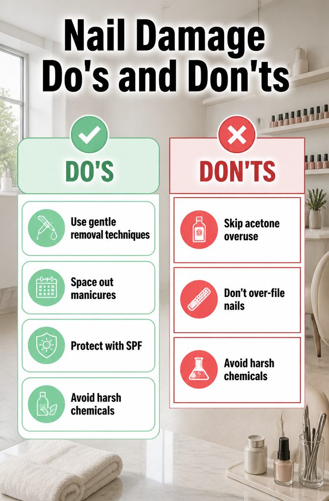 Information graphic titled 'Nail Damage Do's and Don'ts'.