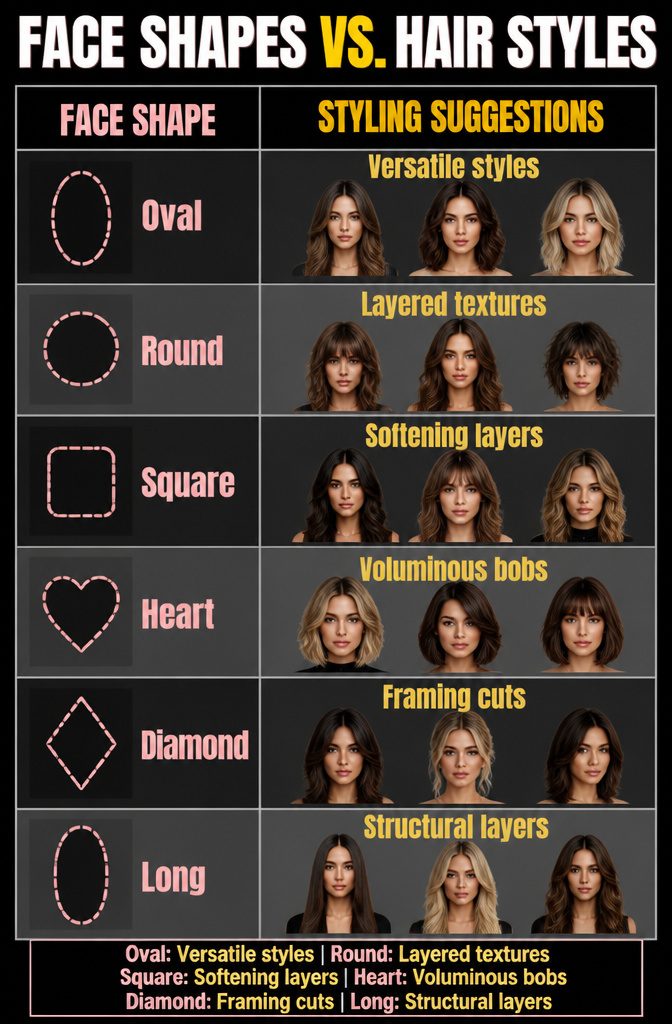 Hair Styles: Types, Cuts, and How to Choose in 2026 14 An illustration comparing face shapes and matching hairstyles.