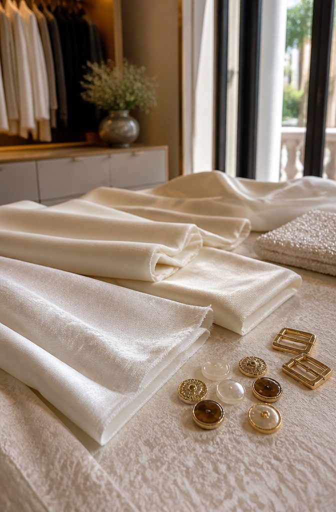Different luxurious fabrics displayed on a silk-covered table.