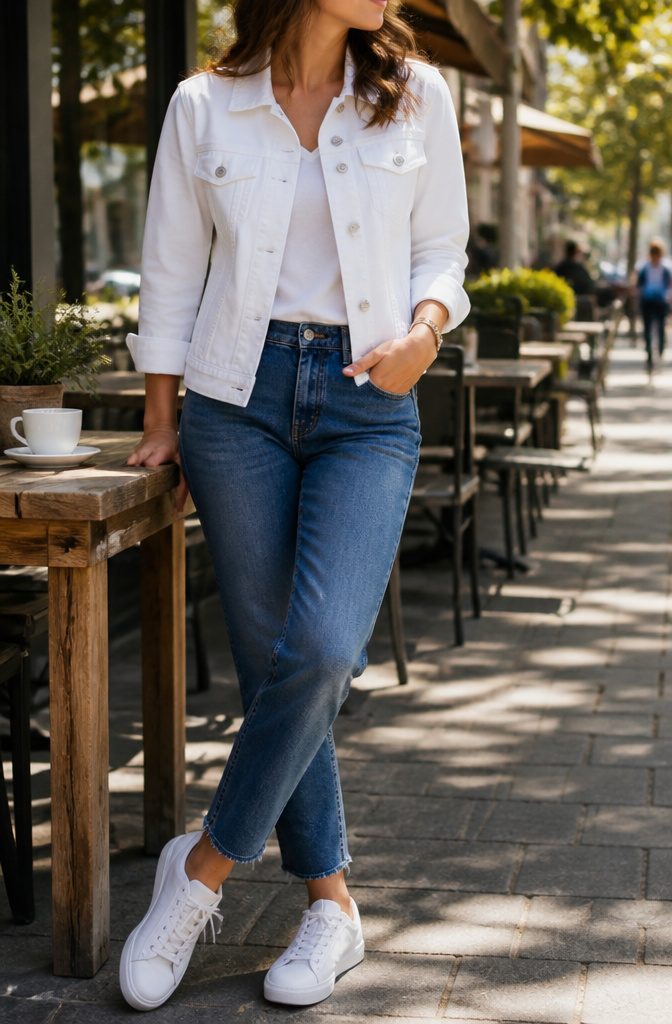 A woman in a white jacket with denim and sneakers.