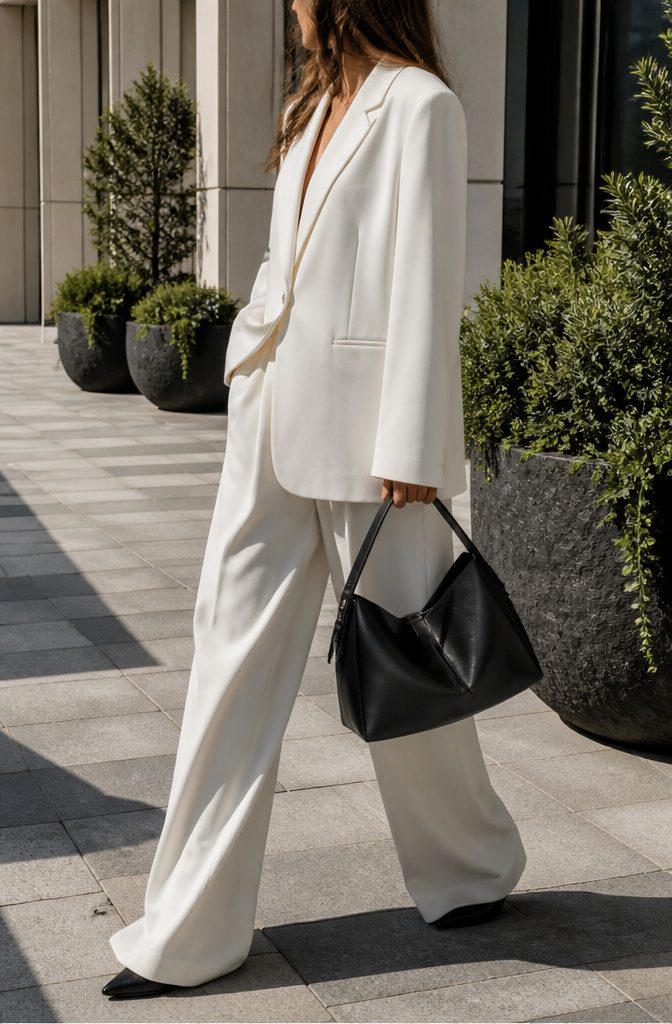 A woman wearing an oversized white blazer with wide-leg trousers.